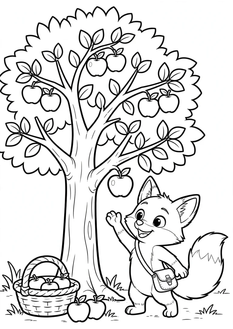 Coco the Fox and the Apple Tree Coloring Page — Free Printable