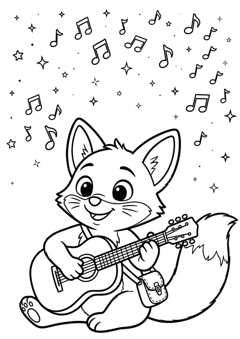 Coco the Fox Playing Guitar Coloring Page — Free Printable