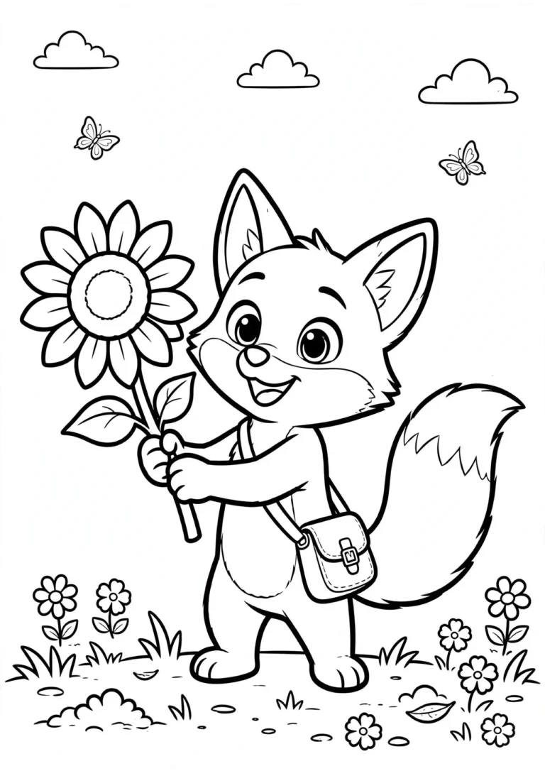 Coco the Fox with a Sunflower Coloring Page — Free Printable