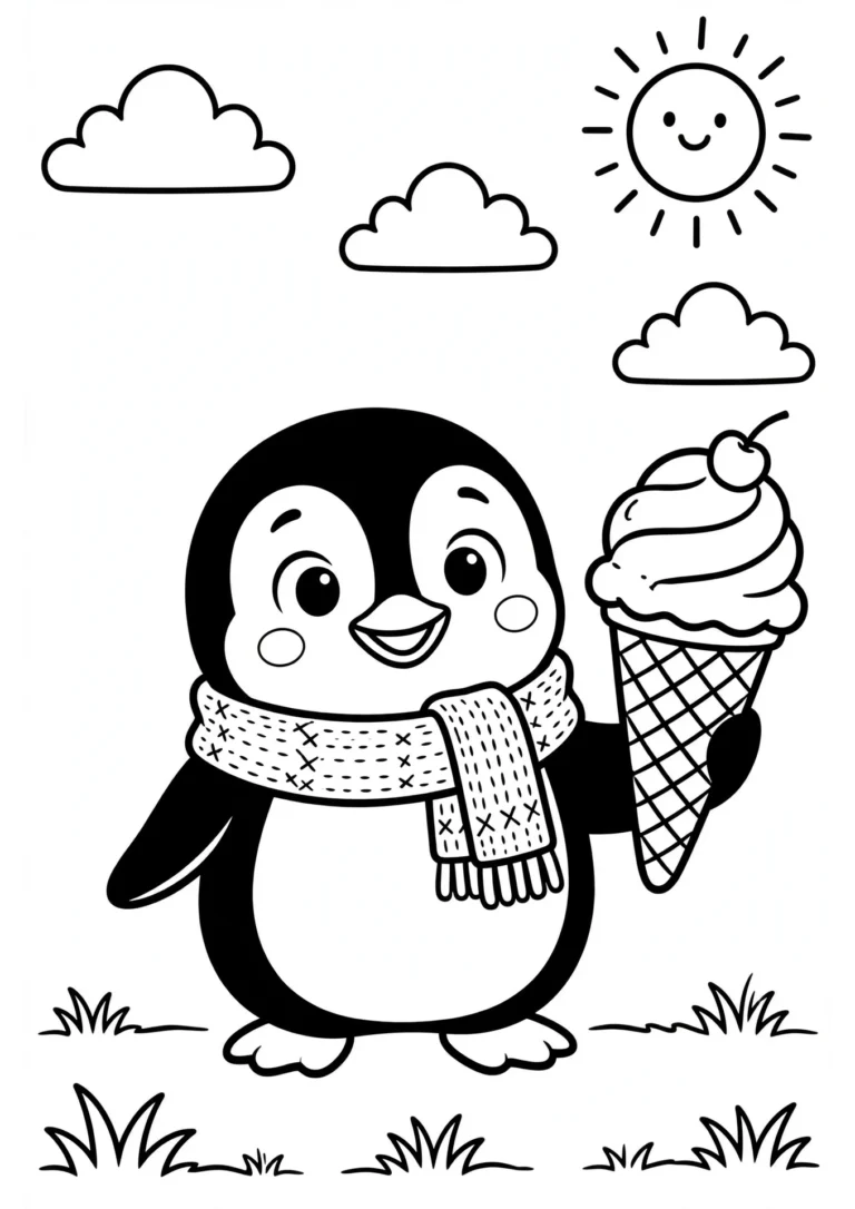 Milo the Penguin with Ice Cream Coloring Page — Free Printable