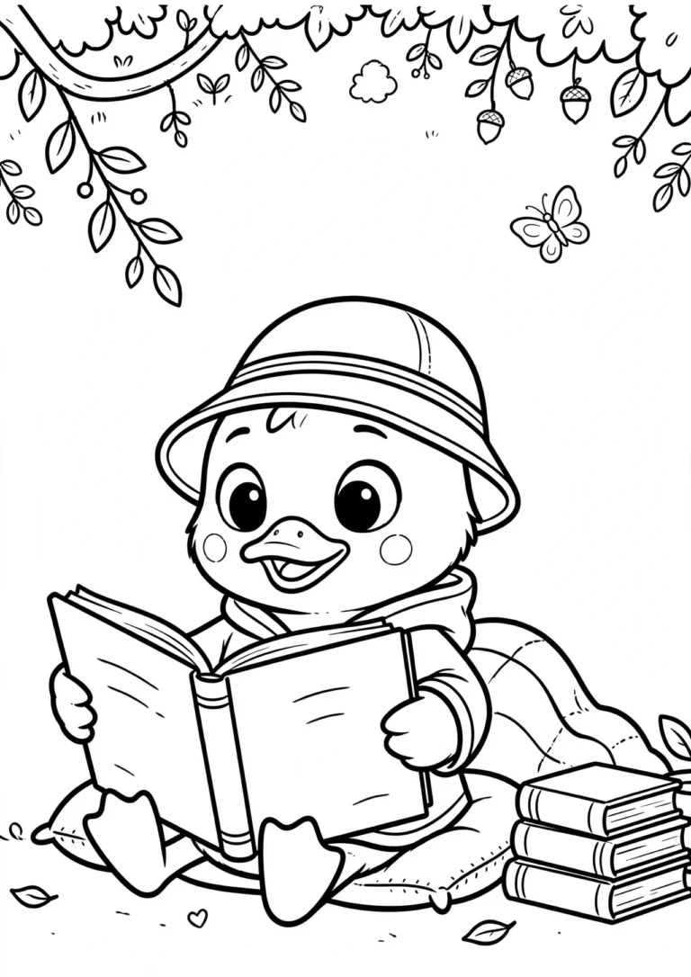 Tilly the Duck Reading a Book Coloring Page — Free Printable