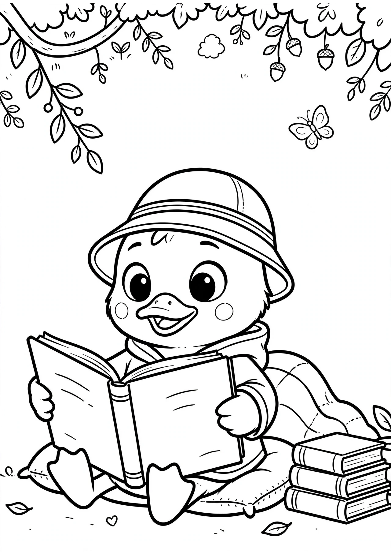 Tilly the duck reading a book coloring page