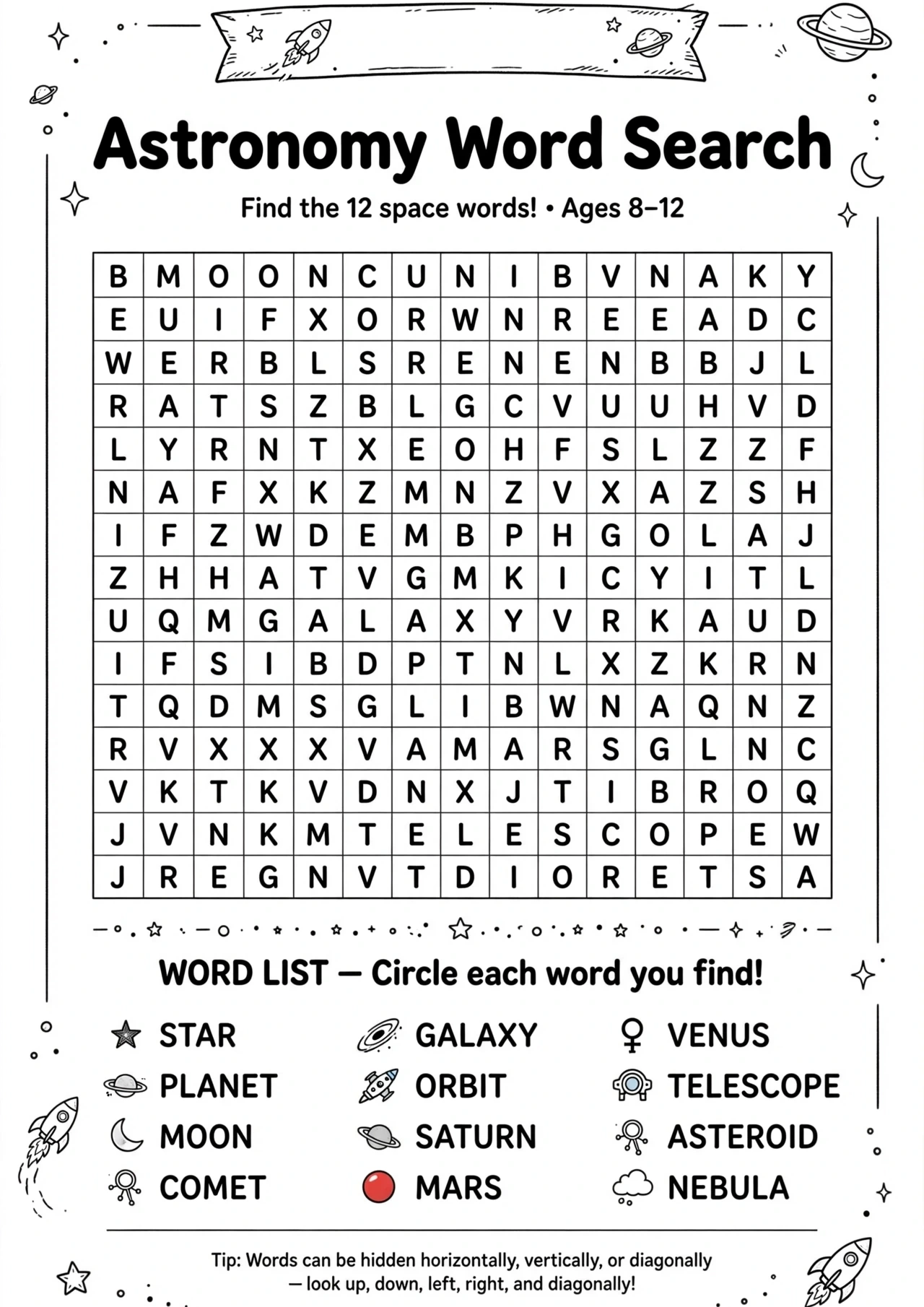 Astronomy Word Search (12 Words)