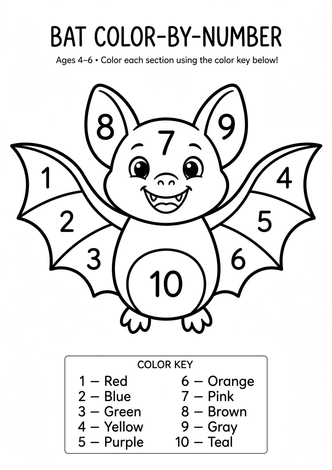 Bat Color by Number 1–10