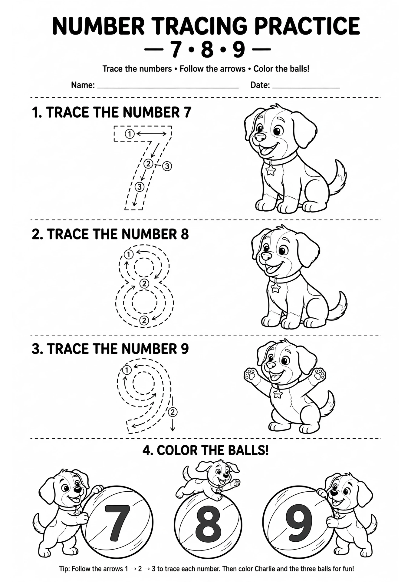 Charlie the Puppy Number Tracing Worksheet