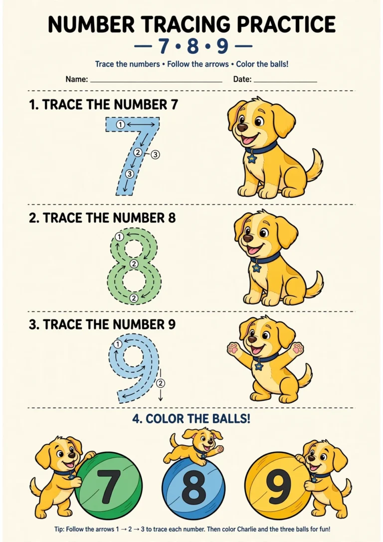 Charlie the Puppy Number Tracing Worksheet — Free Printable