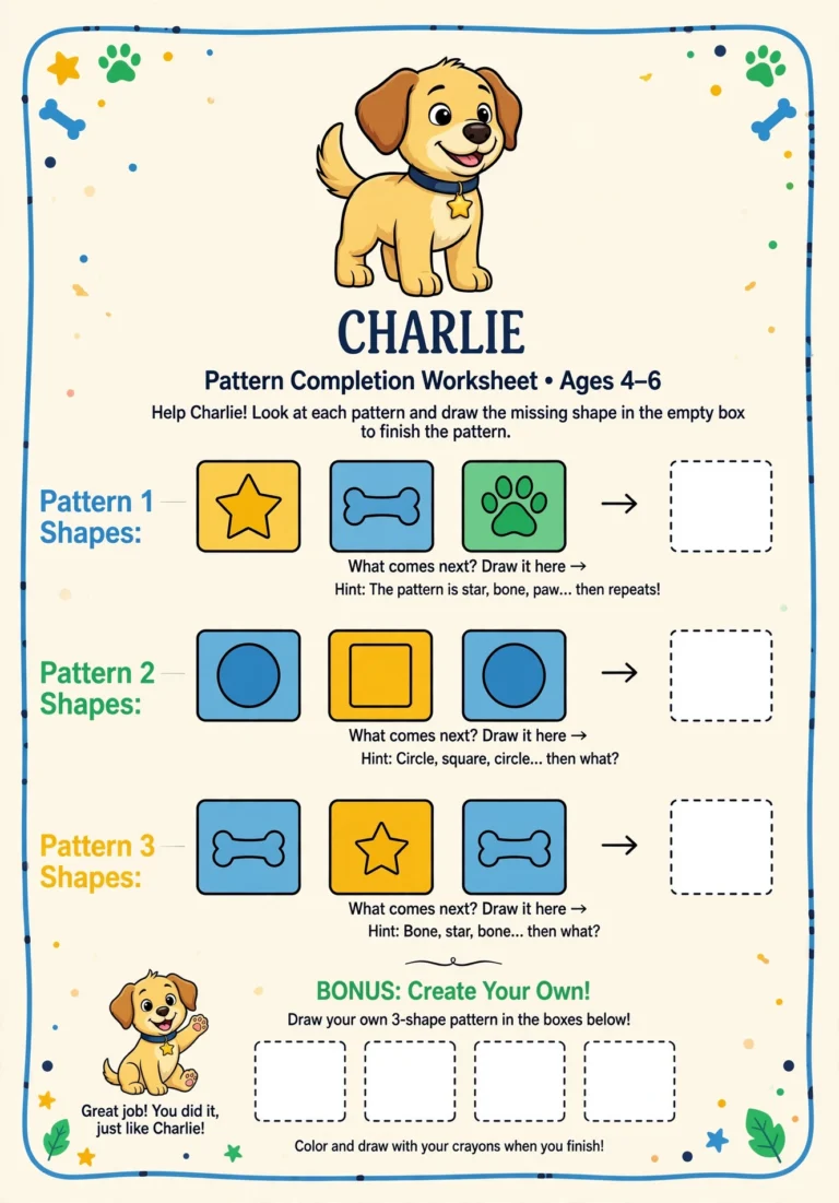 Charlie the Puppy Pattern Worksheet — Free Printable