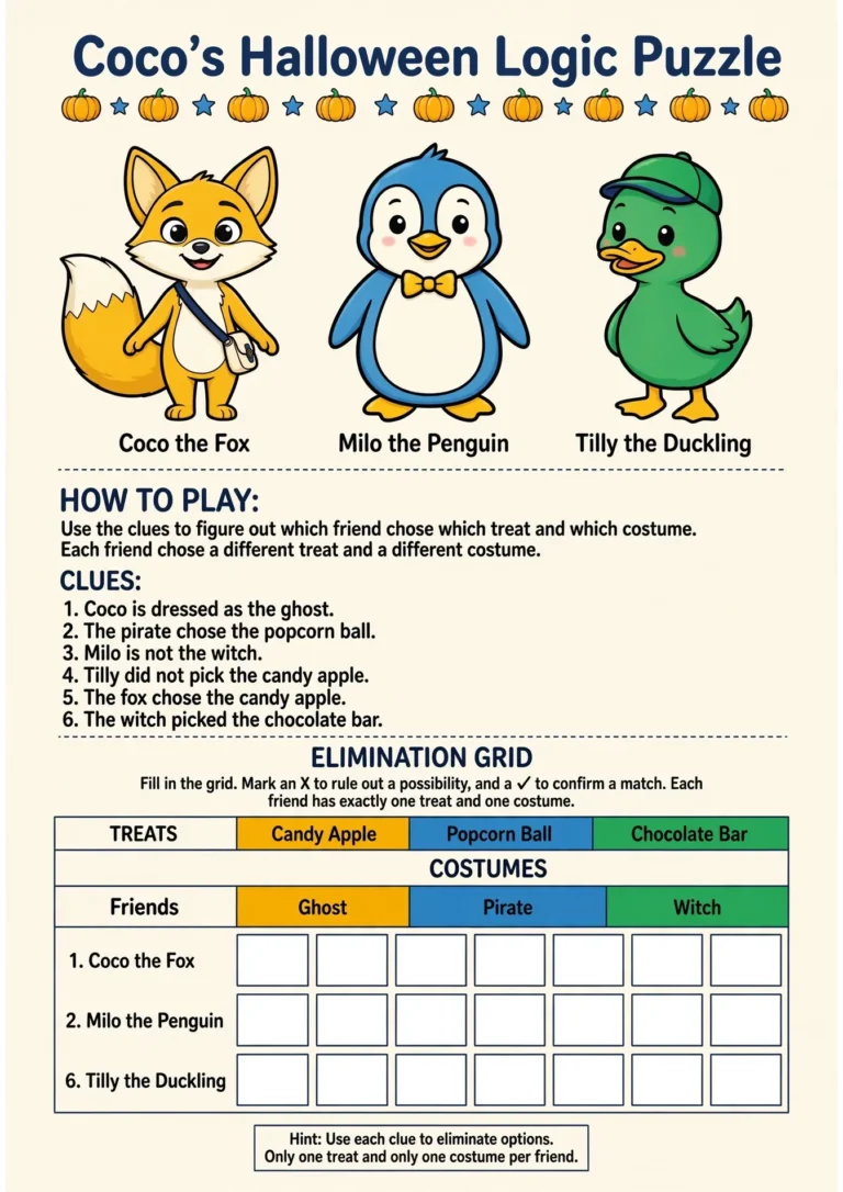 Coco’s Halloween Logic Puzzle — Free Printable