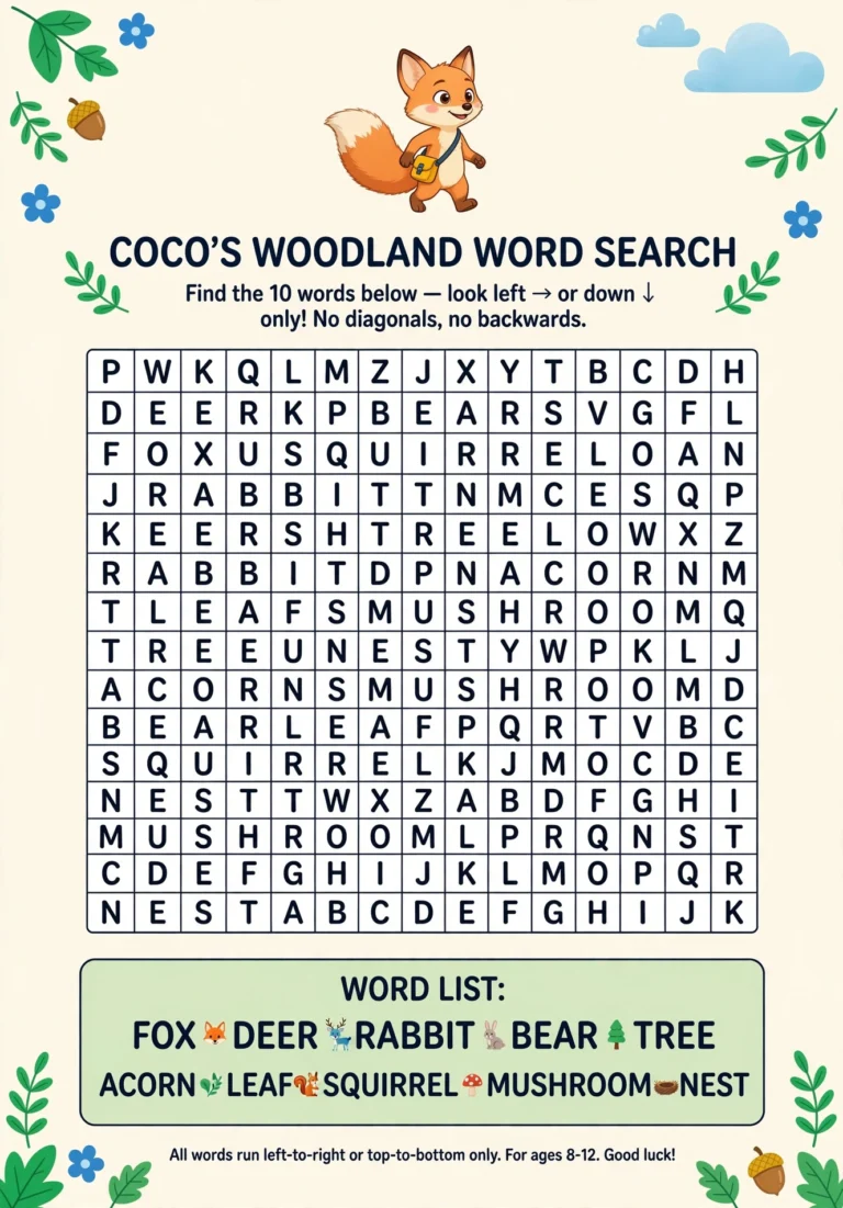 Coco’s Woodland Word Search — Free Printable