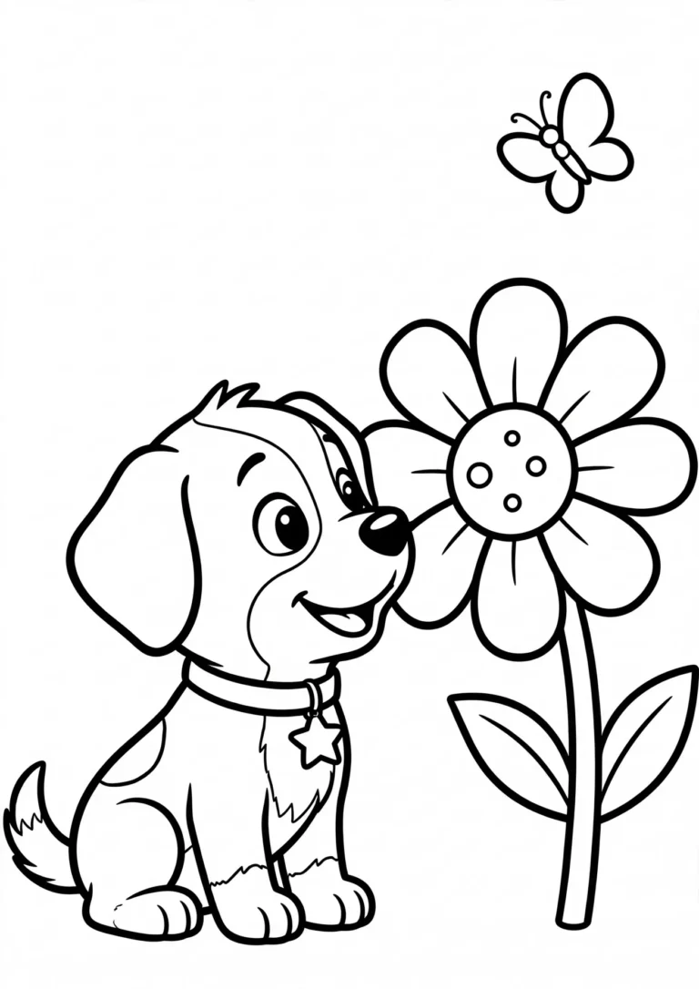 Charlie the Puppy Smelling a Flower Coloring Page — Free Printable