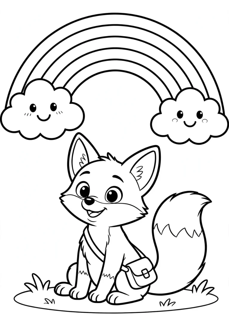 Coco the Fox Under a Rainbow Coloring Page — Free Printable