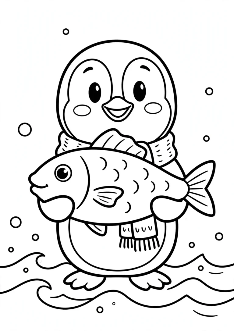 Milo the Penguin with a Fish Coloring Page — Free Printable