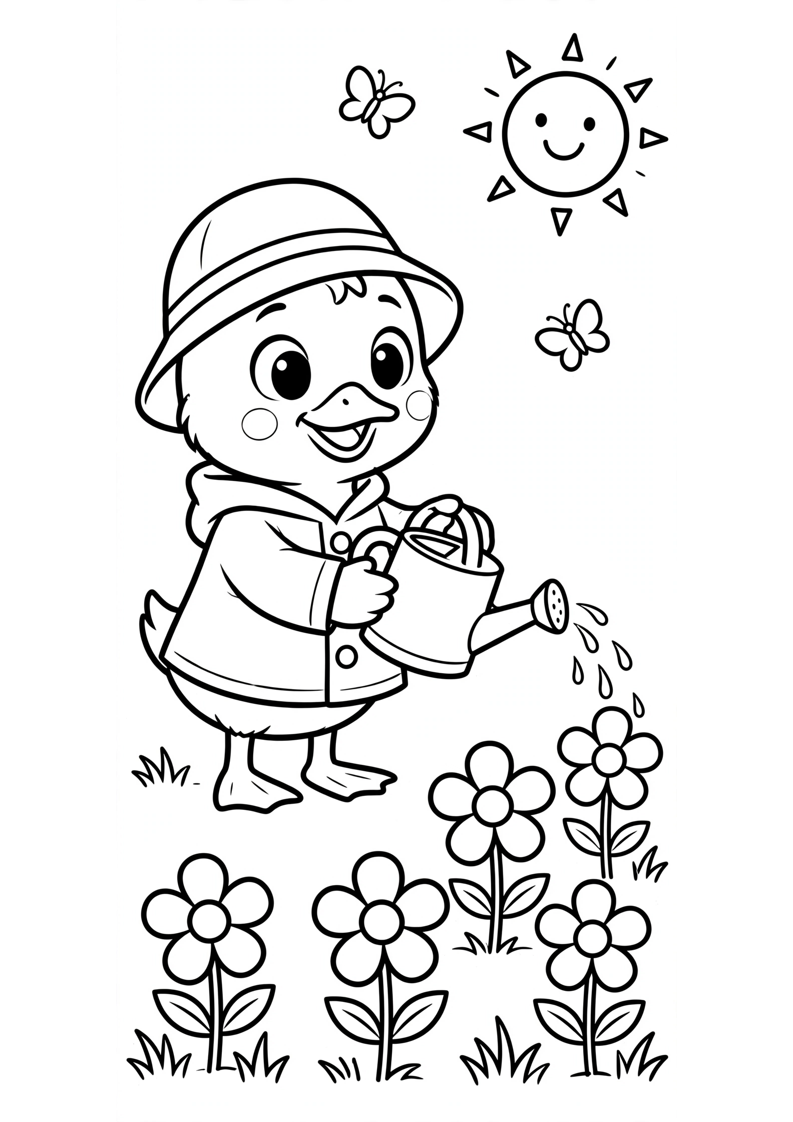 Tilly the Duckling Watering Flowers Coloring Page