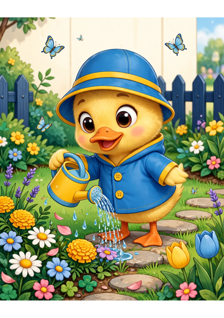 Tilly the Duckling Watering Flowers Coloring Page — Free Printable