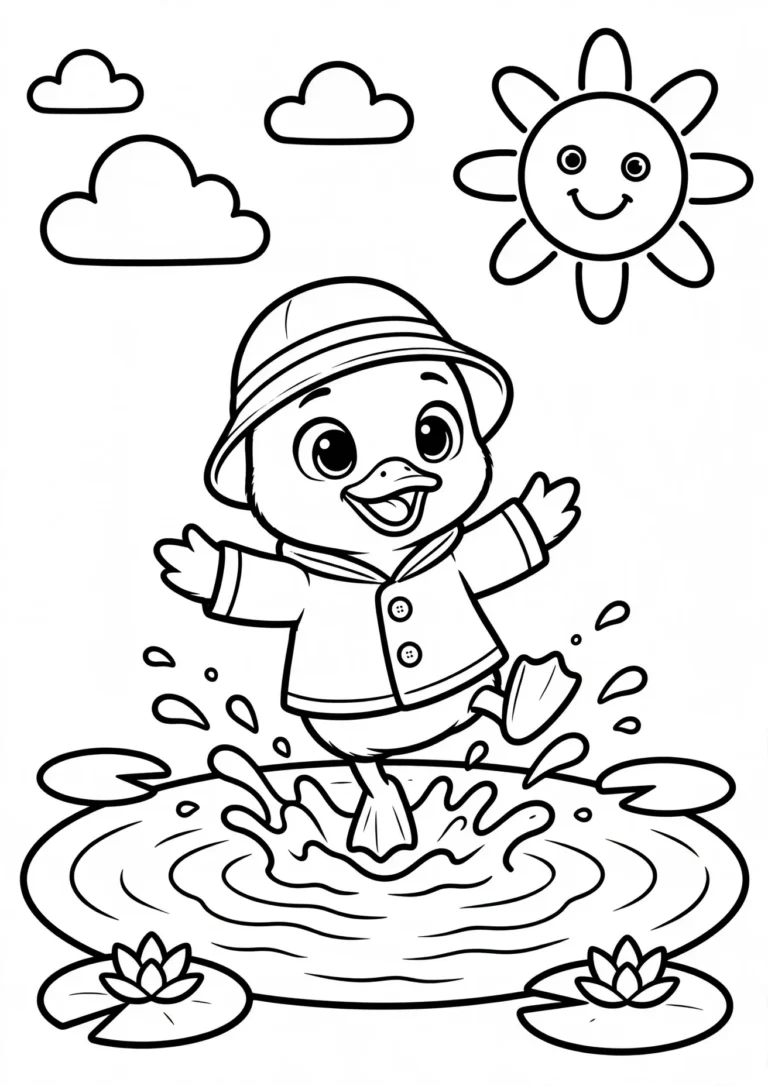 Tilly the Duckling Splashing in the Pond Coloring Page — Free Printable