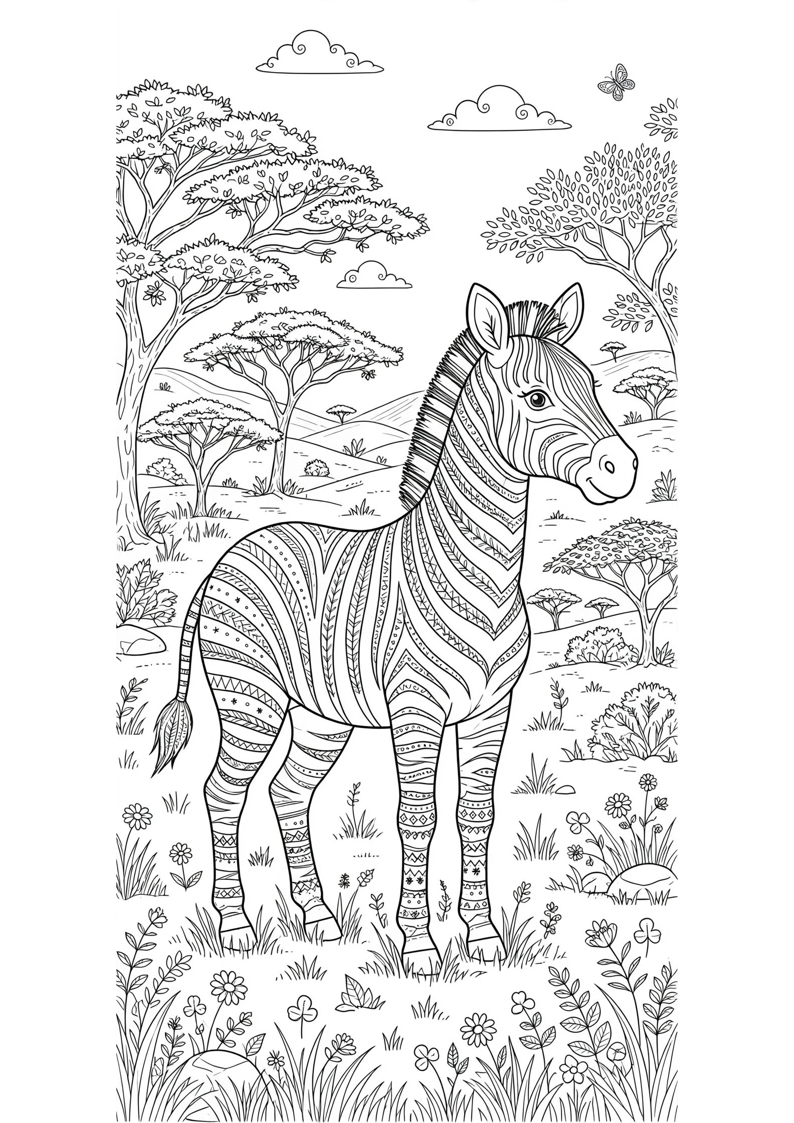 Zebra in the Savanna Coloring Page