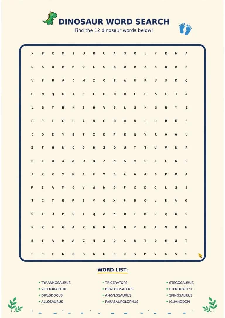 Dinosaur Word Search (12 Words) — Free Printable
