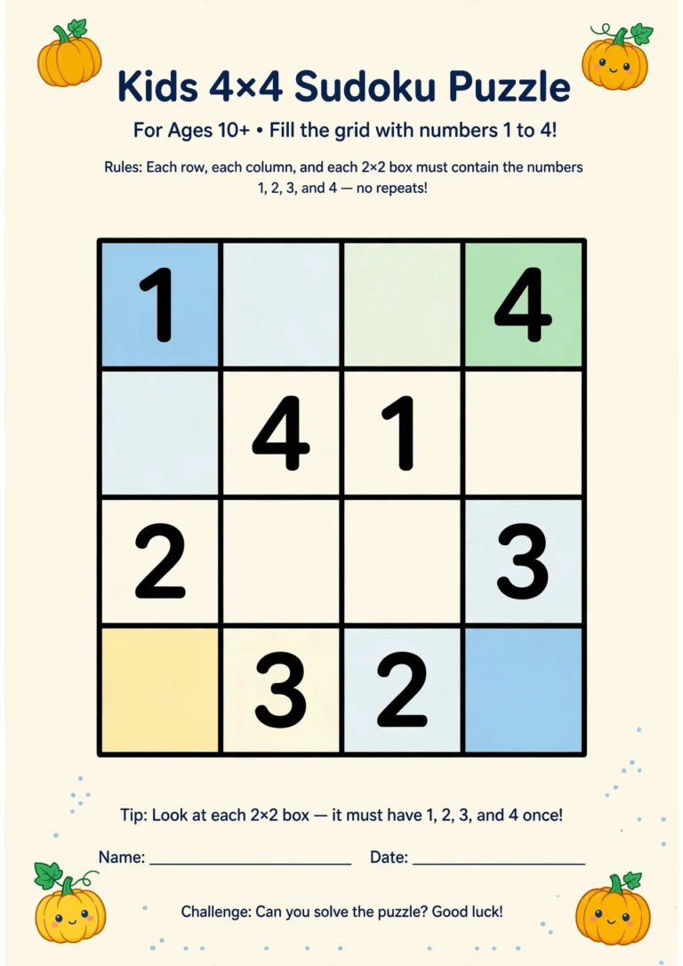Halloween Sudoku for Kids (4×4) — Free Printable