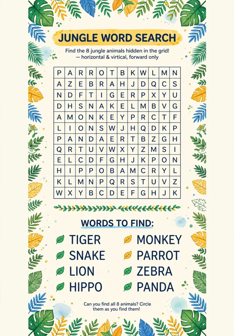 Jungle Animals Word Search — Free Printable