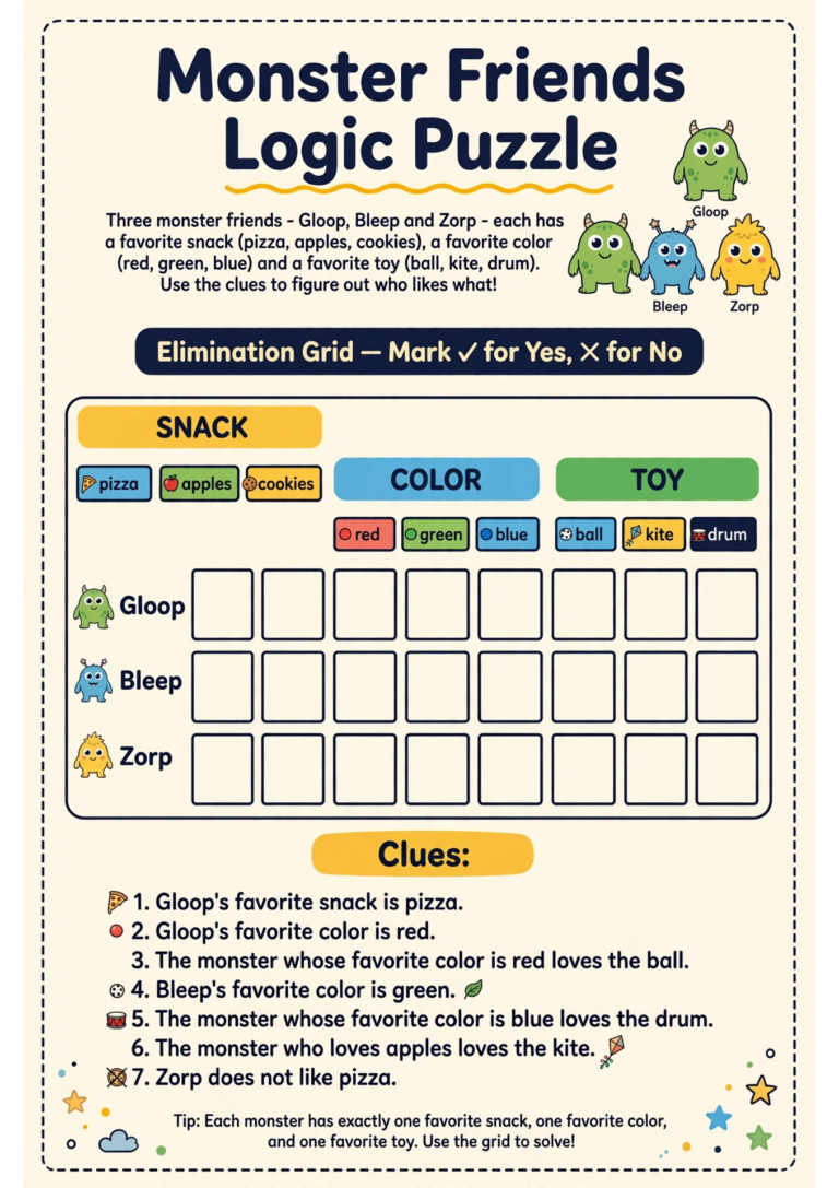 Monster Logic Puzzle — Free Printable