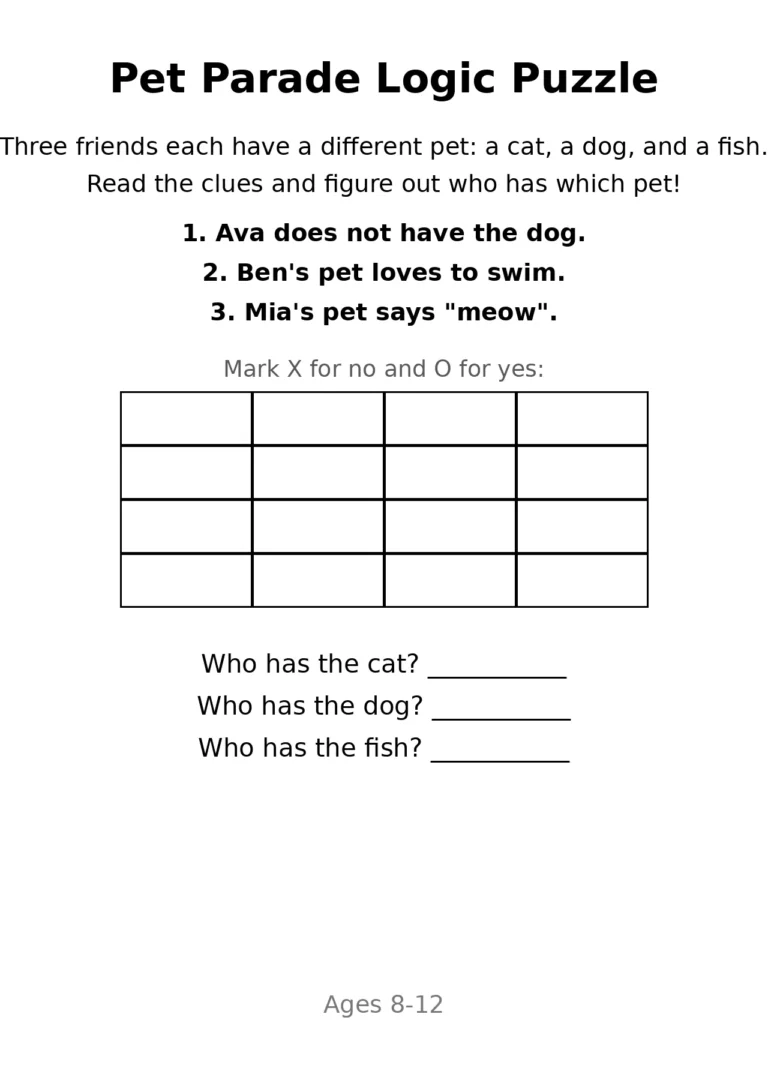 Pets Logic Puzzle for Kids — Free Printable
