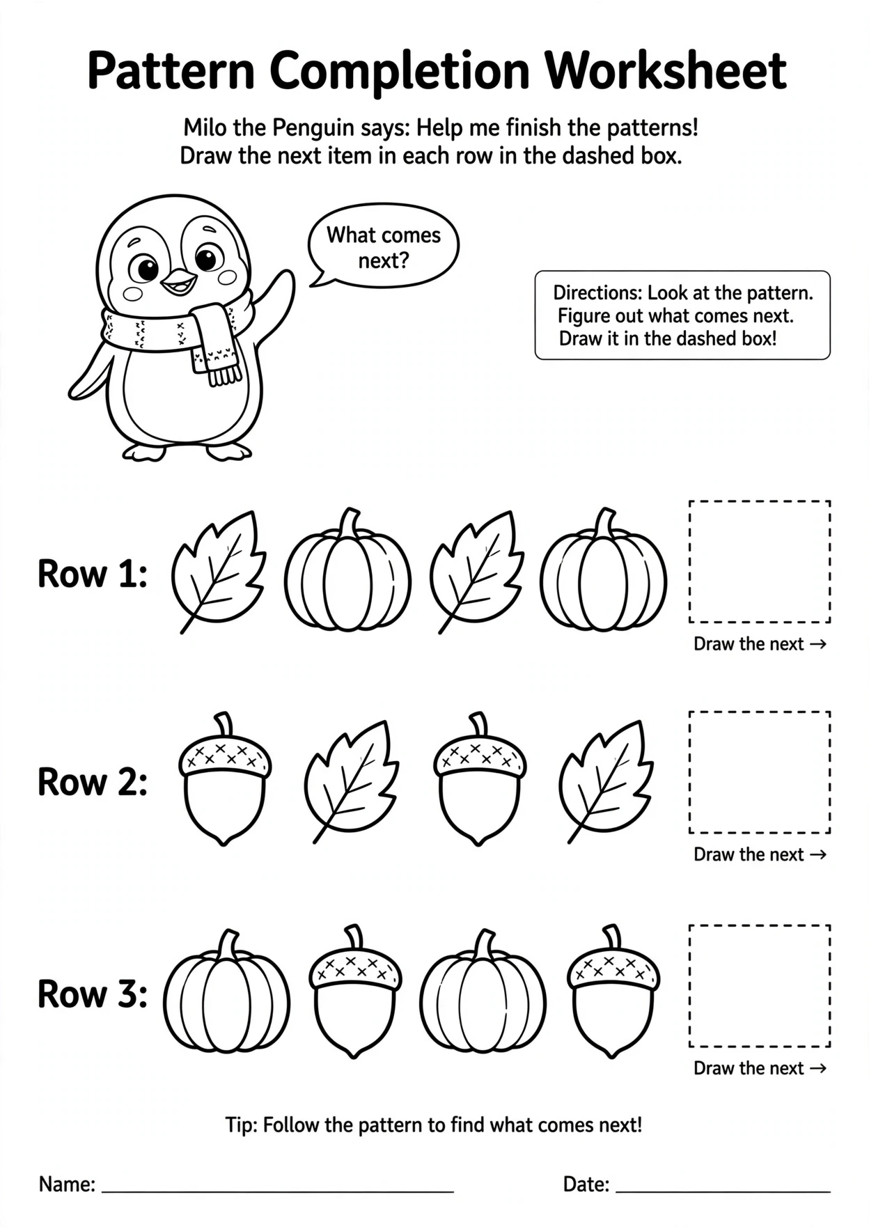 Milo the Penguin Pattern Worksheet