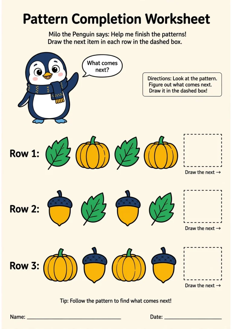 Milo the Penguin Pattern Worksheet — Free Printable