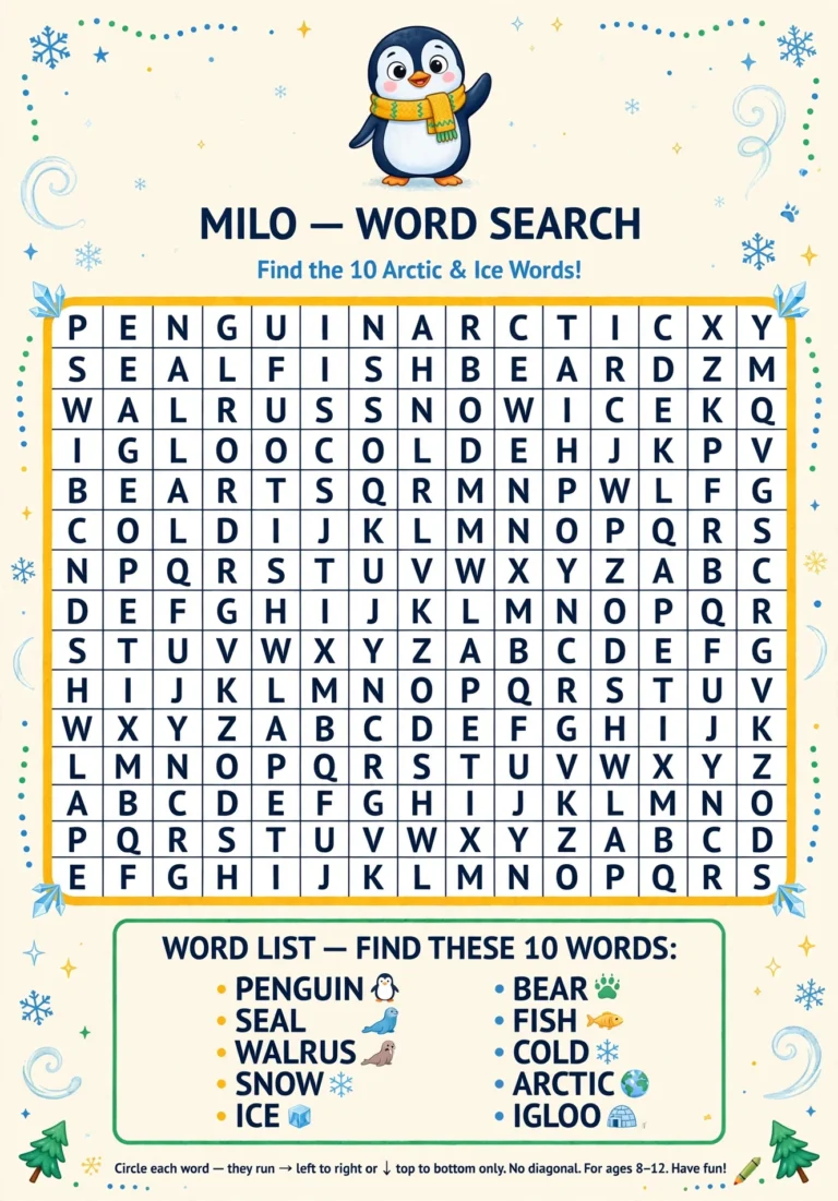 Milo’s Arctic Animals Word Search — Free Printable
