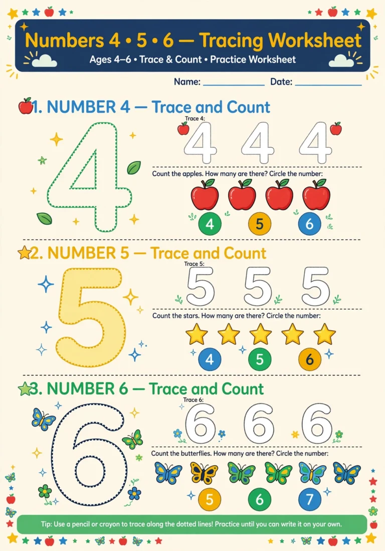 Numbers 4-5-6 Tracing Worksheet — Free Printable