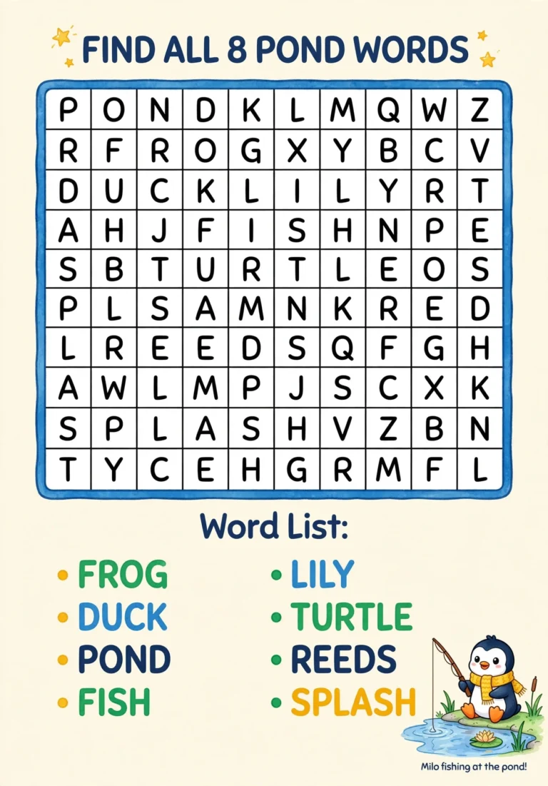 Pond Words Word Search — Free Printable