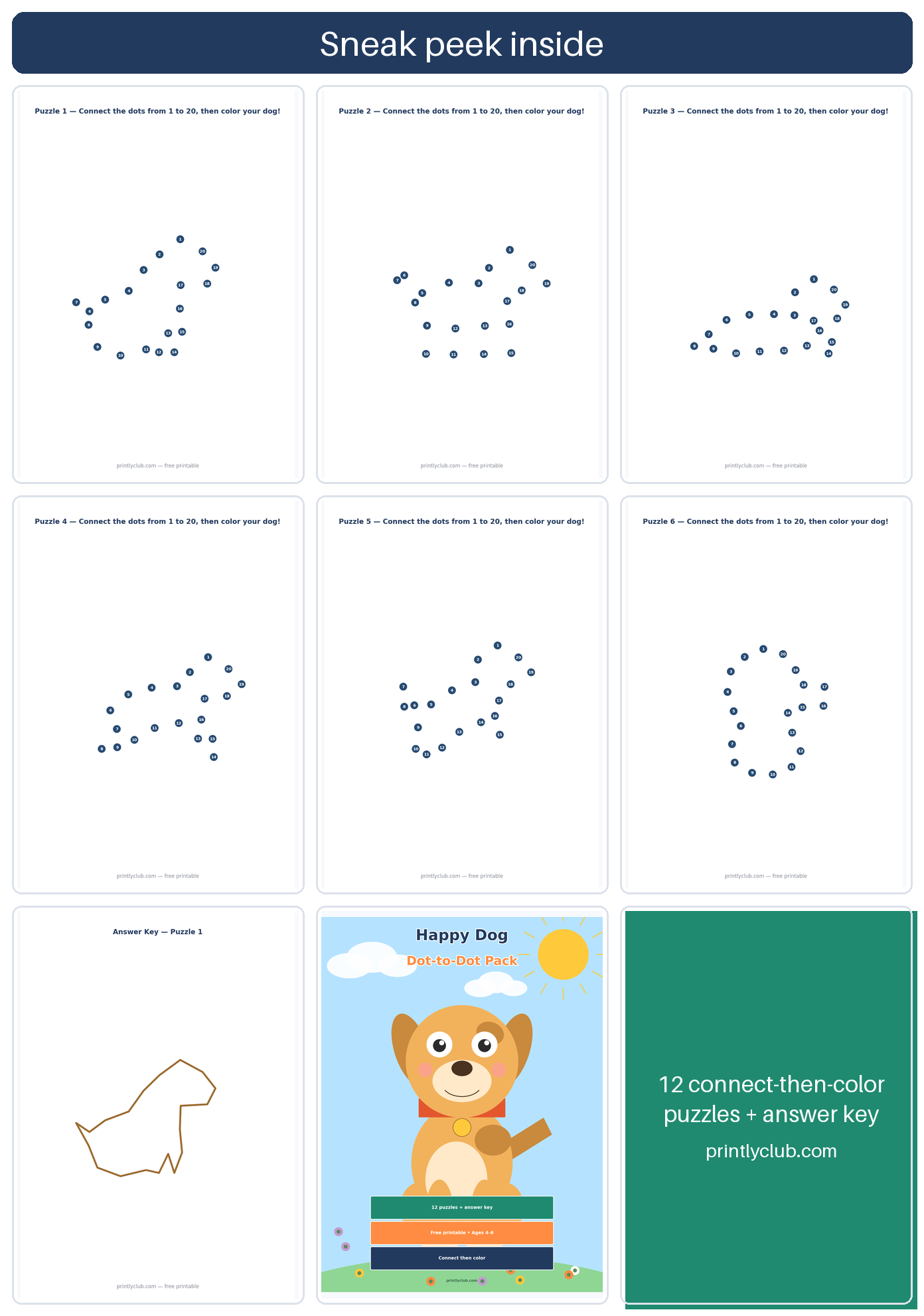 Happy Dog dot-to-dot puzzles 1 to 6 with answer key — free dot-to-dot page for kids