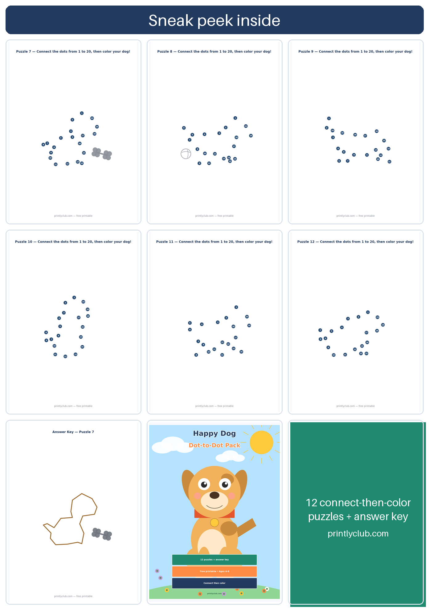 Happy Dog dot-to-dot puzzles 7 to 12 with answer key — free dot-to-dot page for kids