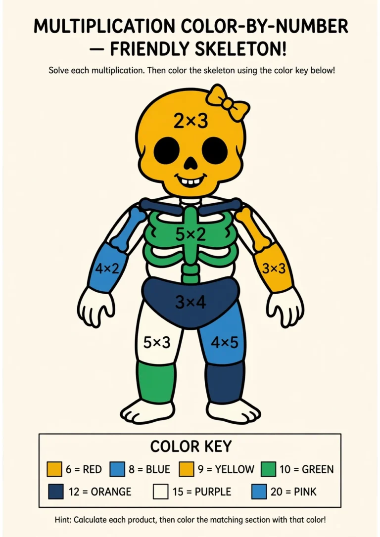 Skeleton Multiplication Color by Number — Free Printable