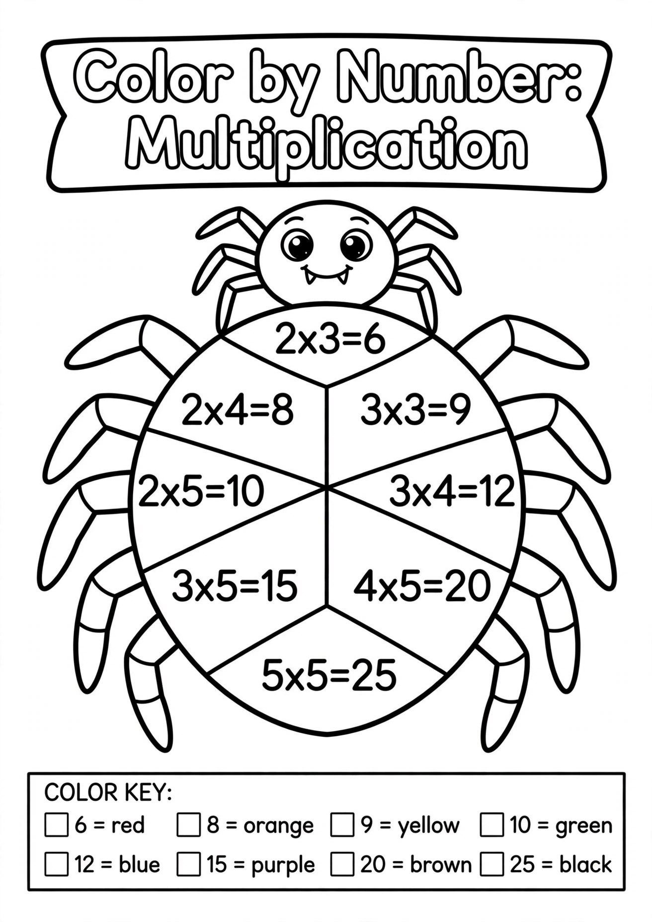 Spider Multiplication Color by Number
