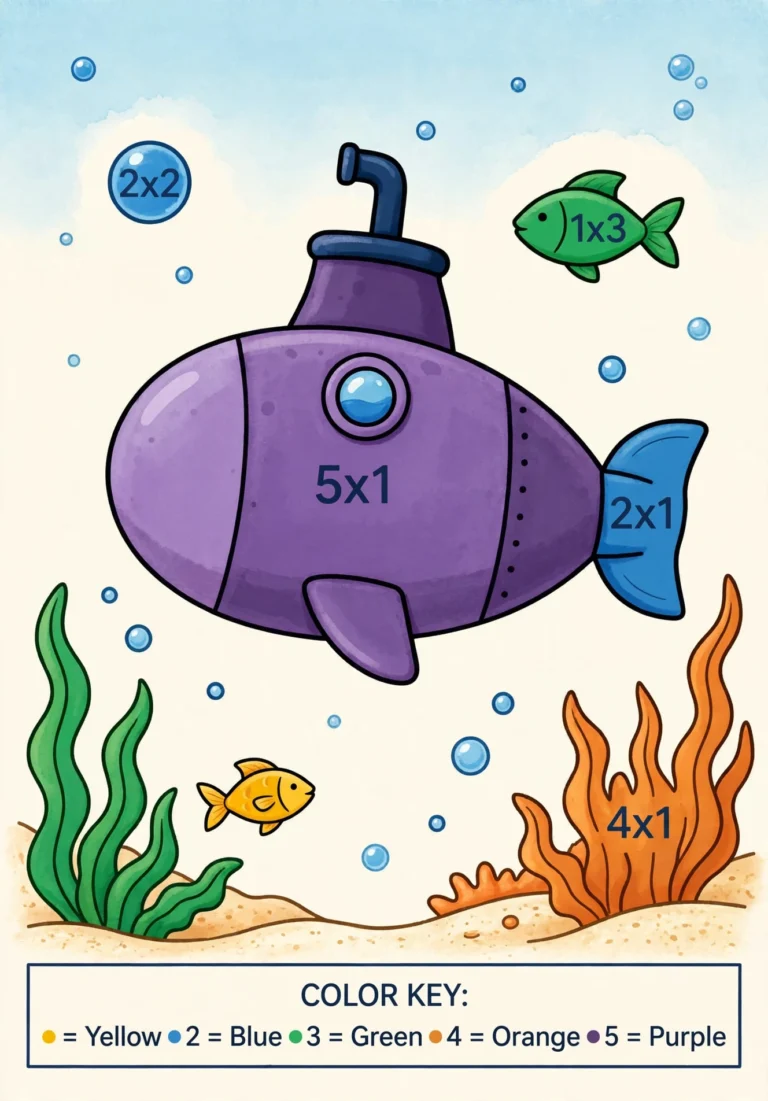 Submarine Multiplication Color-by-Number — Free Printable