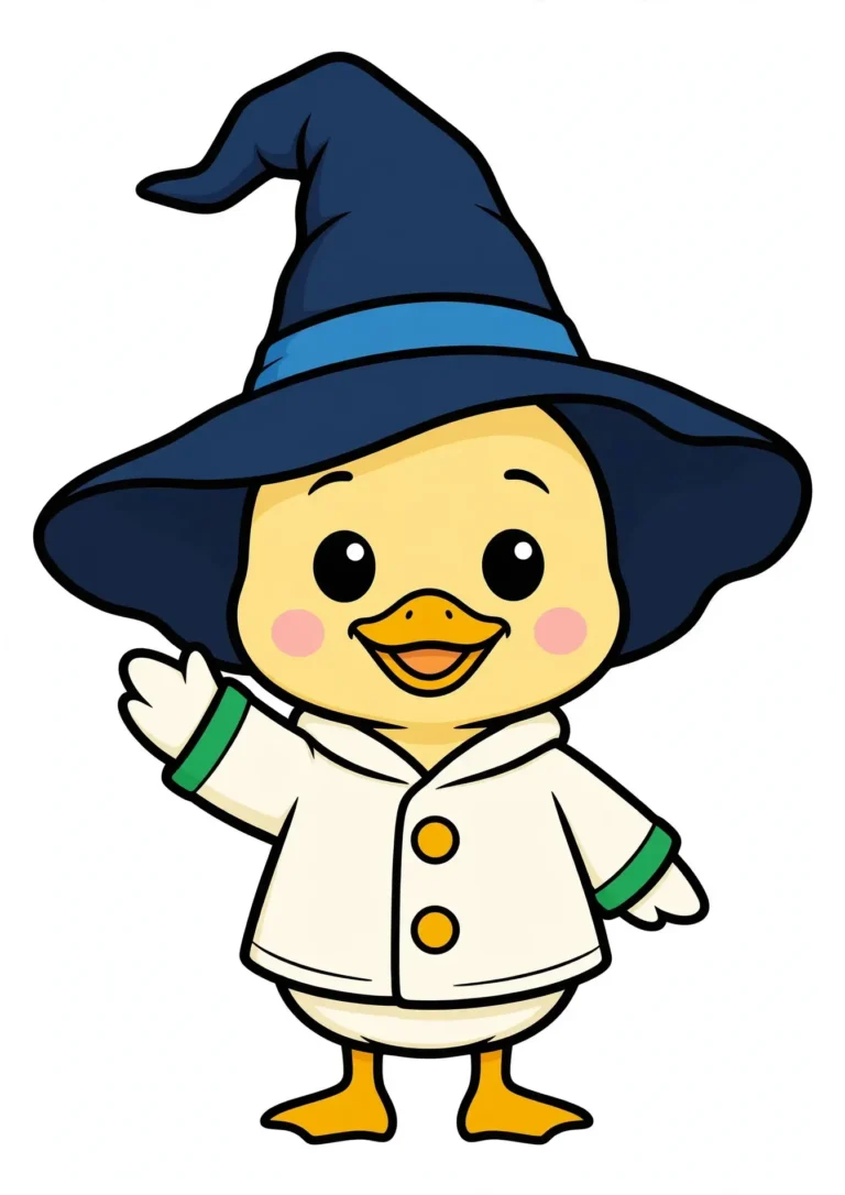 Tilly the Duckling in a Witch Hat Coloring Page — Free Printable