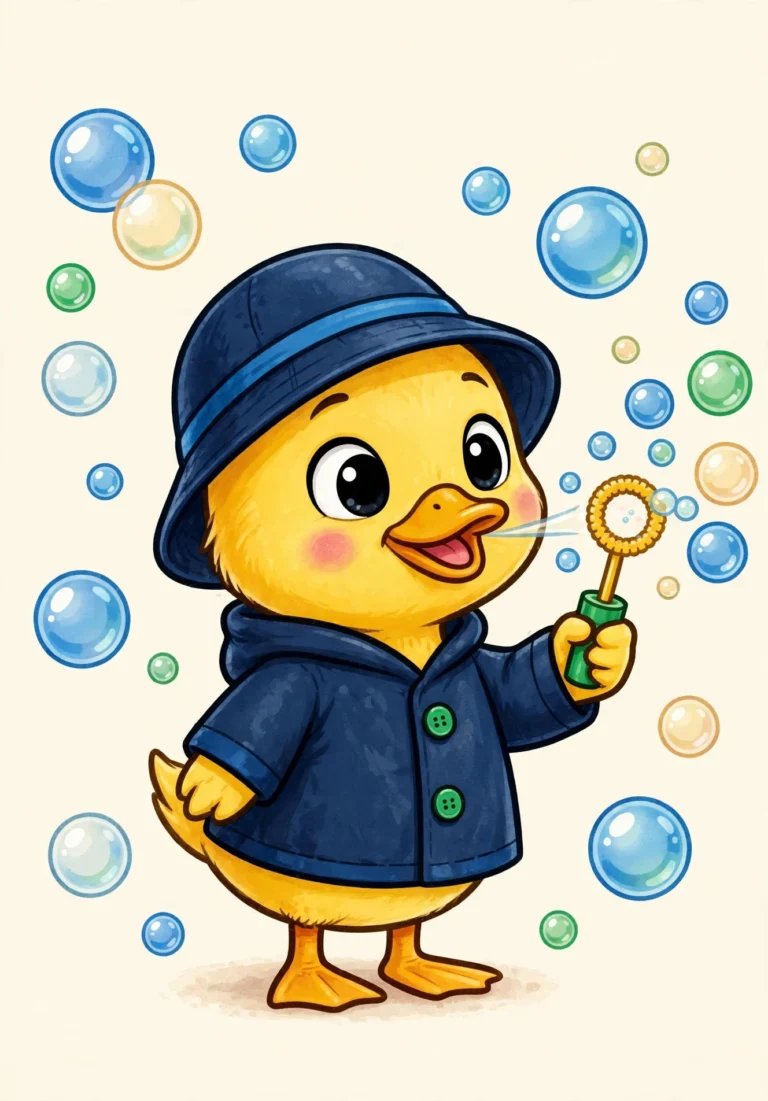 Tilly the Duckling Blowing Bubbles Coloring Page — Free Printable