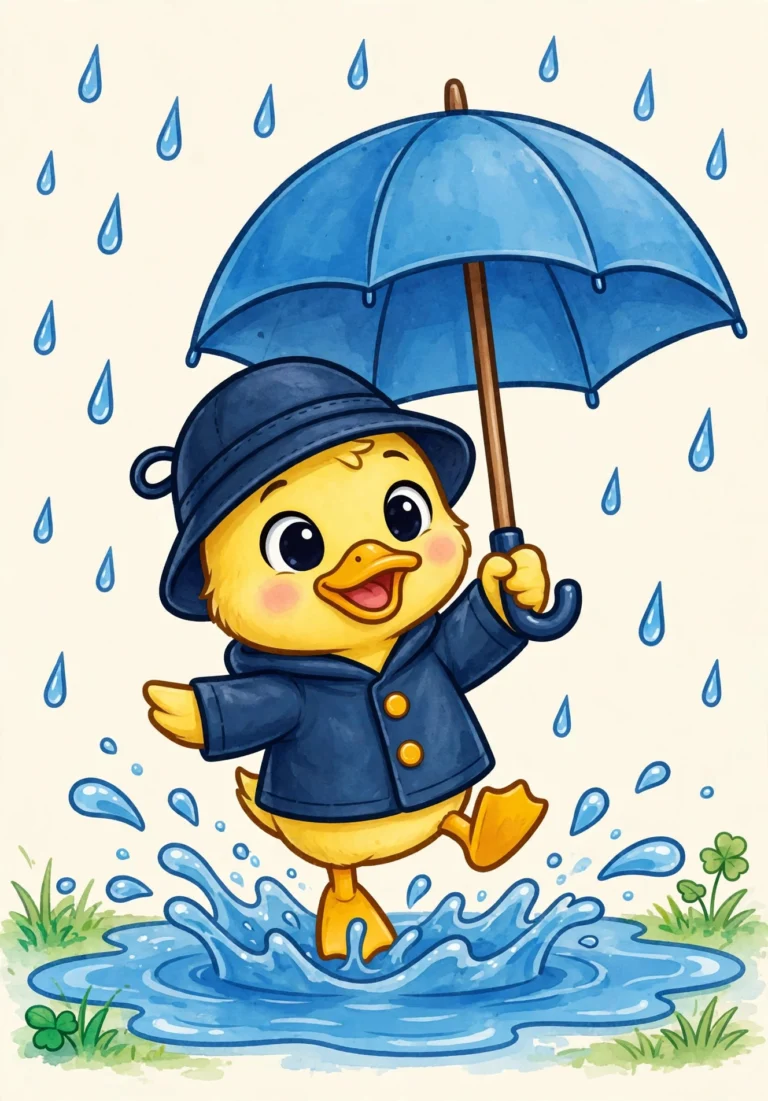 Tilly the Duckling in the Rain Coloring Page — Free Printable