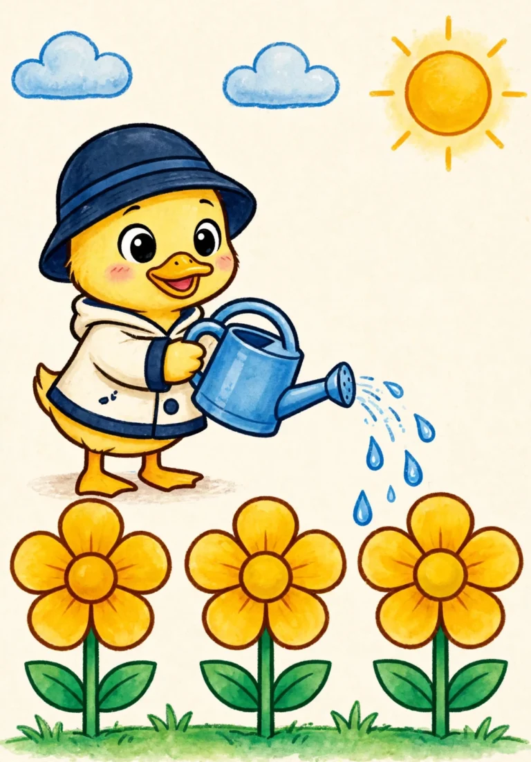 Tilly the Duckling Watering Flowers — Free Printable Coloring Page