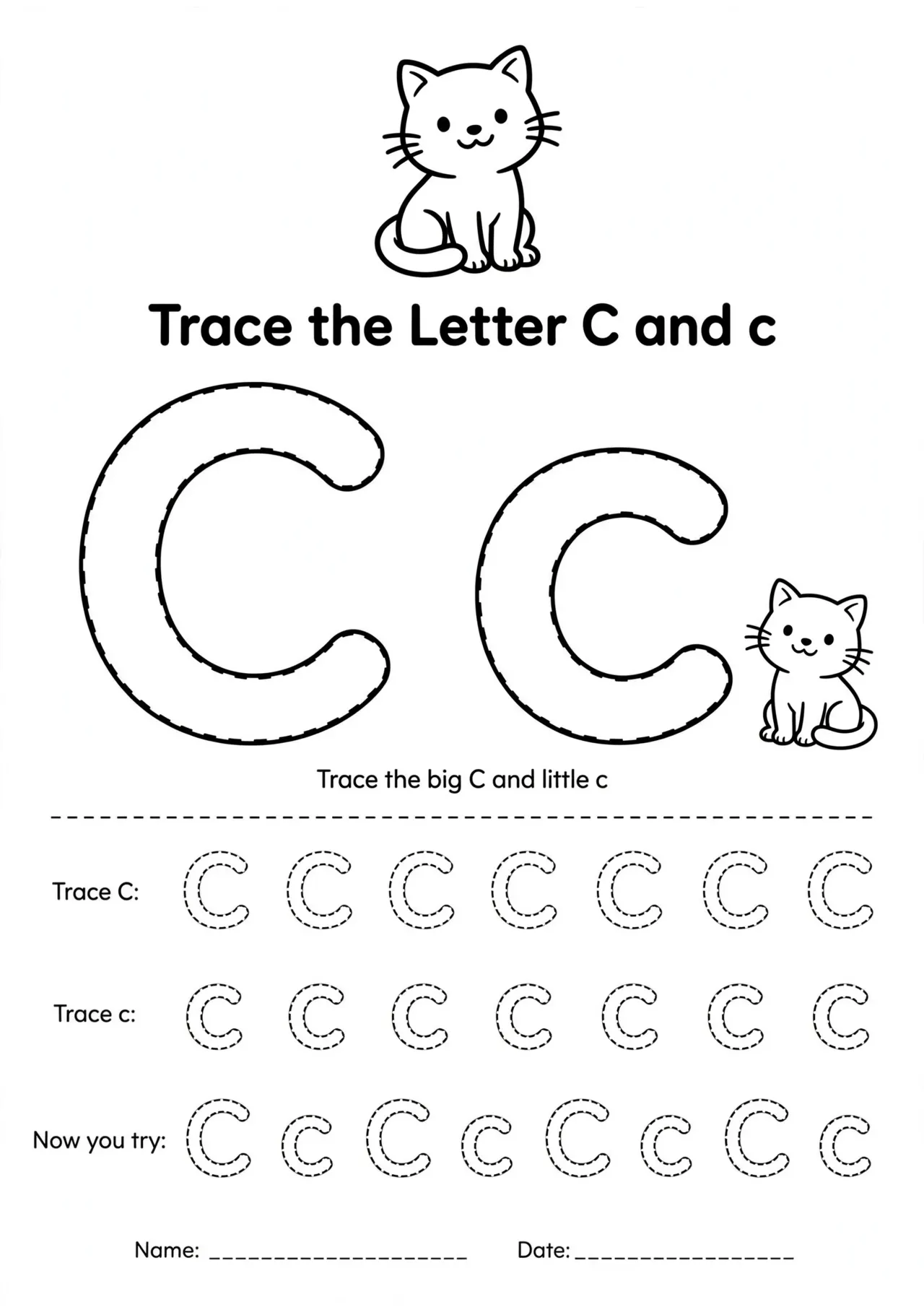 Letter C tracing worksheet with a friendly cat