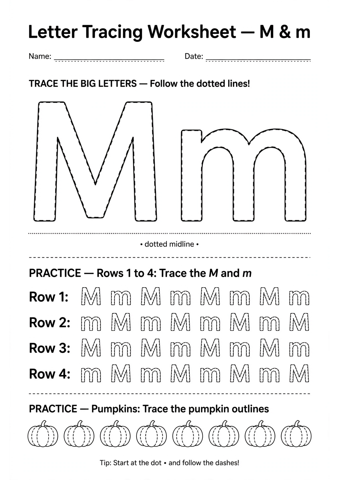 Letter M tracing worksheet