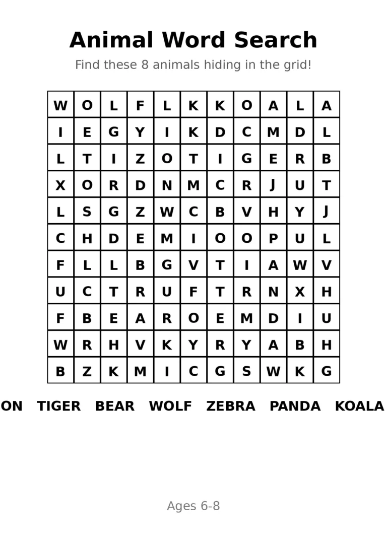 Animals Word Search for Kids — Free Printable