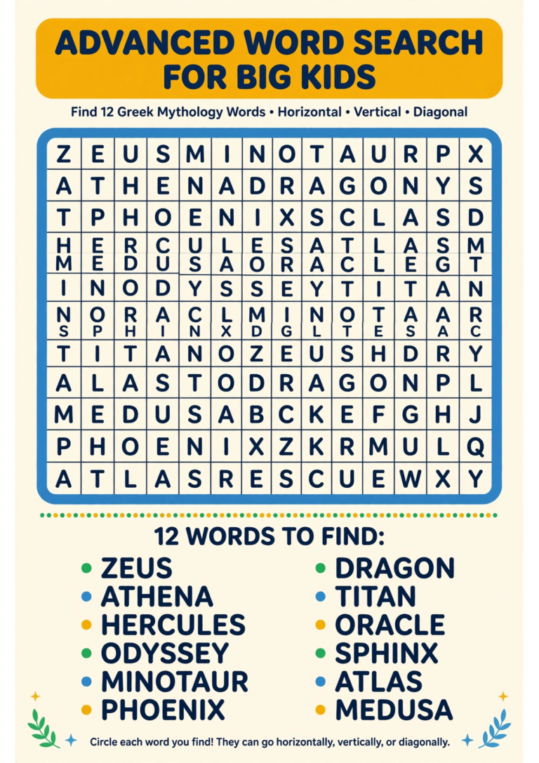 Mythology Word Search (12 Words) — Free Printable
