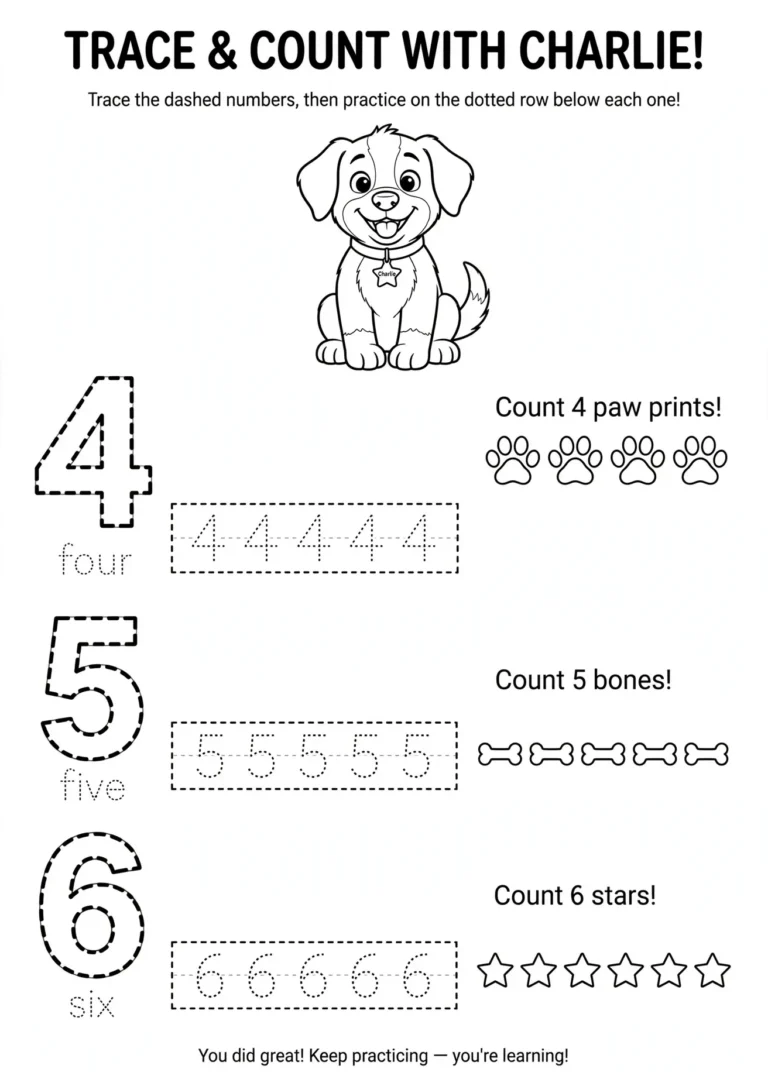 Charlie’s Number Tracing Worksheet (4-5-6) — Free Printable