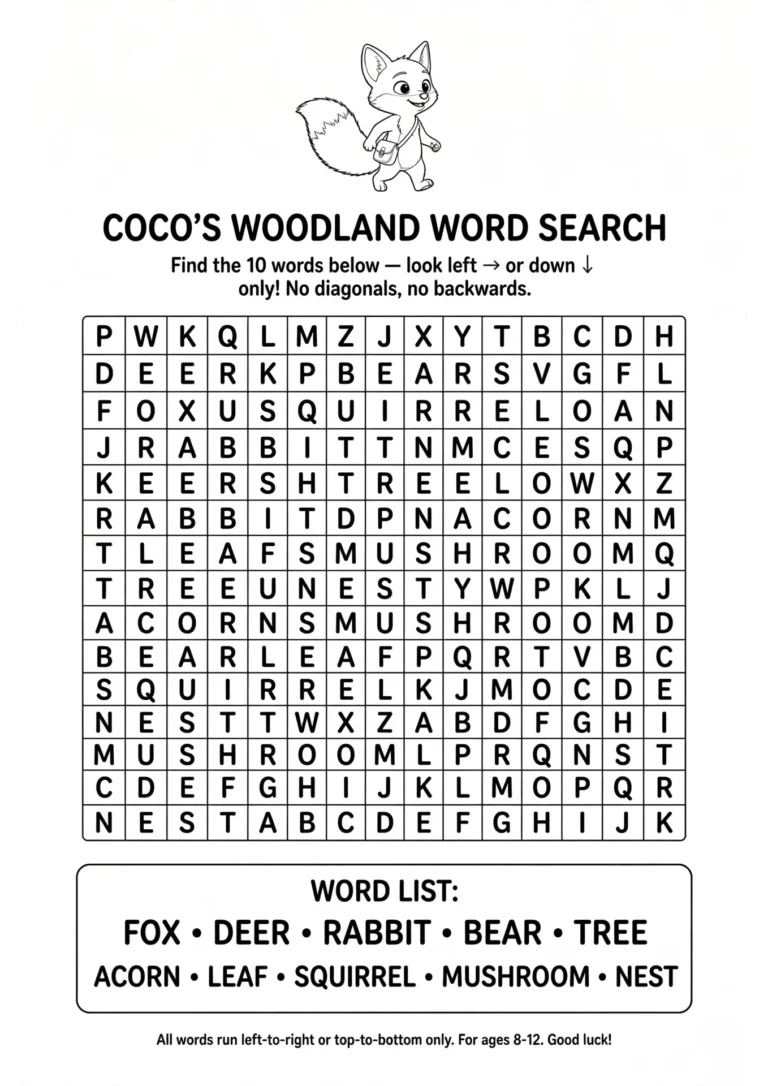 Coco’s Woodland Word Search — Free Printable