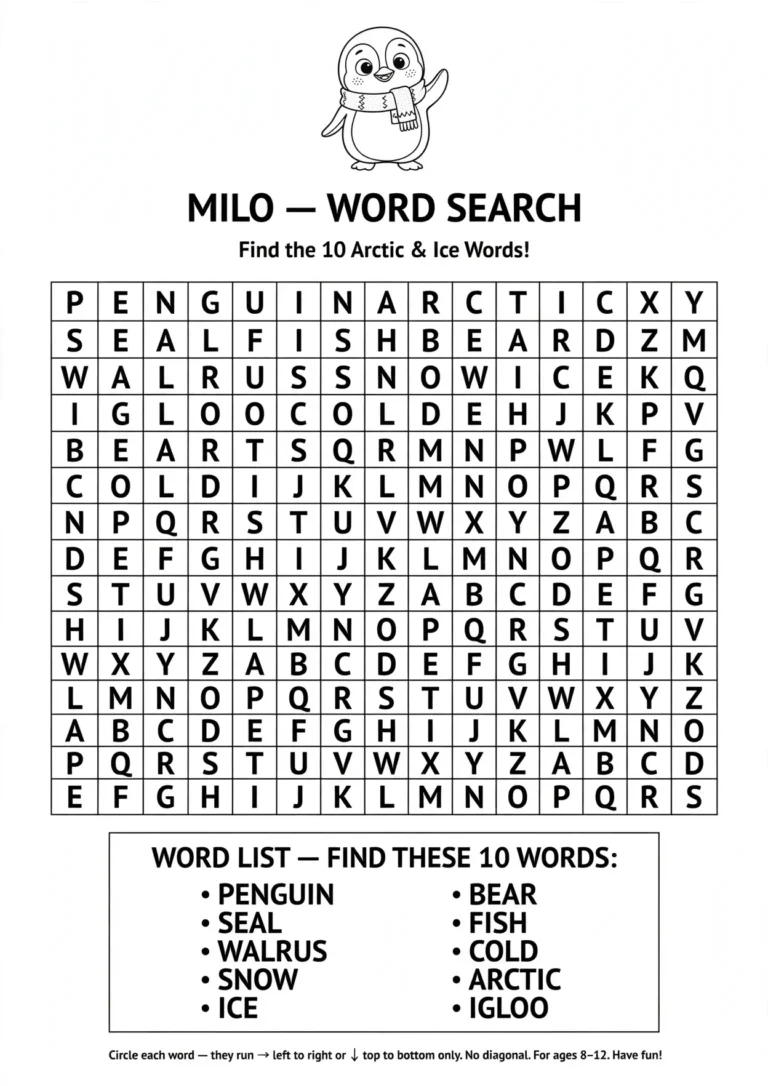 Milo’s Arctic Animals Word Search — Free Printable