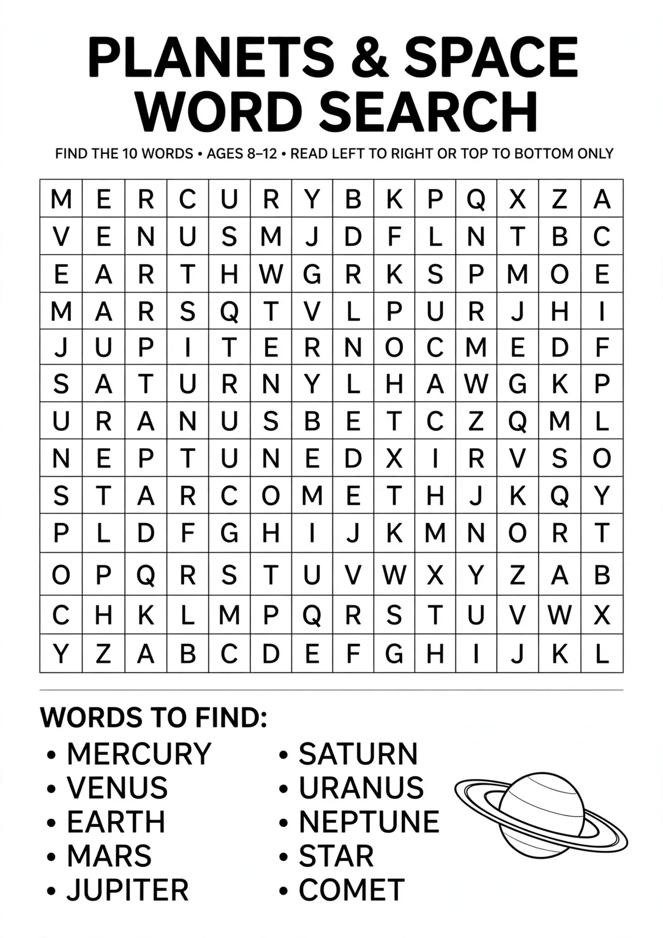Planets and Space Word Search — Free Printable