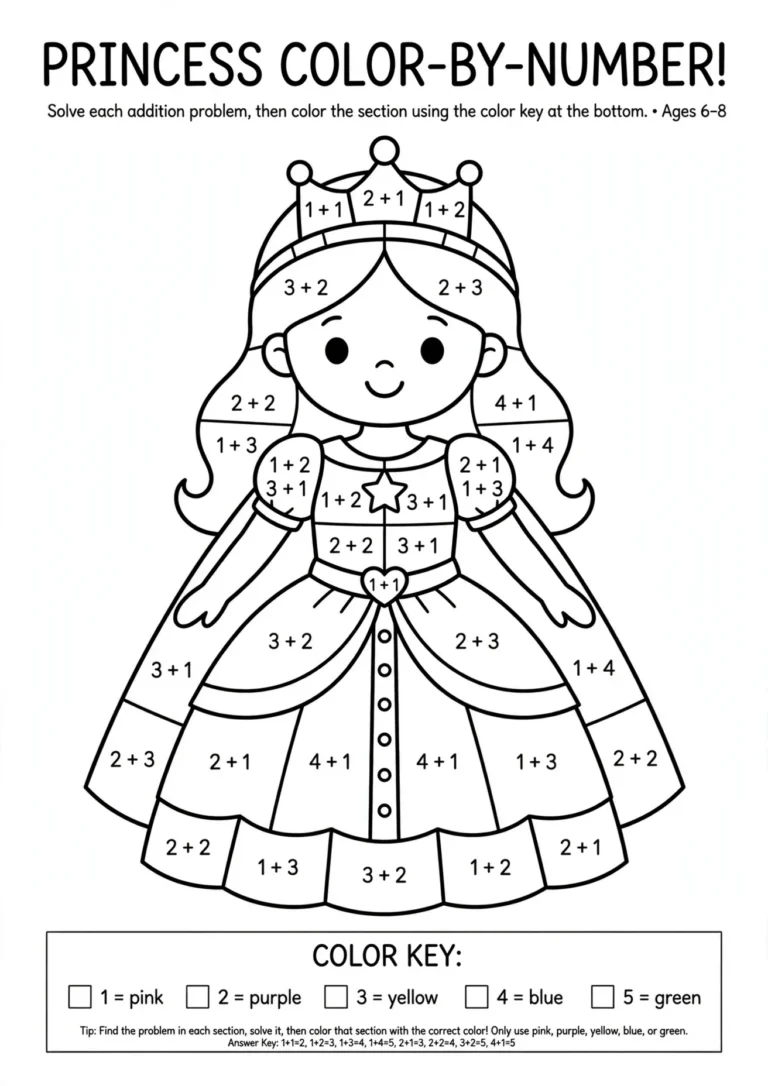 Princess Addition Color-by-Number — Free Printable