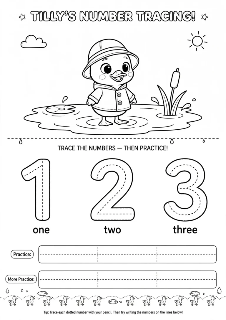 Tilly’s Number Tracing Worksheet (1-2-3)