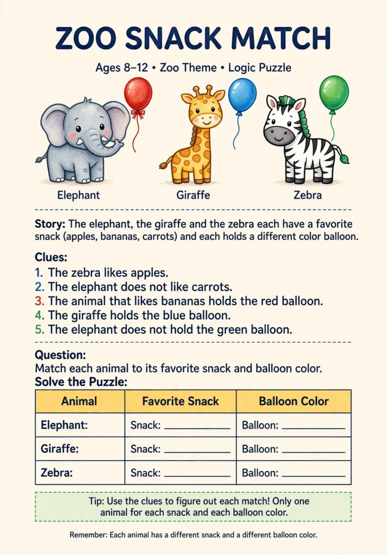 Zoo Snack Match Logic Puzzle — Free Printable